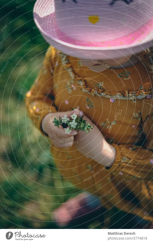 Kleine Blumensammlerin Kind Mädchen Blumenstrauß Blumenwiese sammeln Sammler Hut Kleid