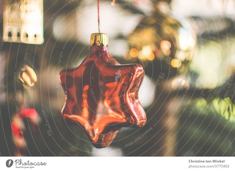 Christbaumschmuck aus Glas in Sternform hängt im Weihnachtsbaum. Im Hintergrund sieht man unscharf noch mehr Baumschmuck Weihnachten & Advent Christbaumkugel