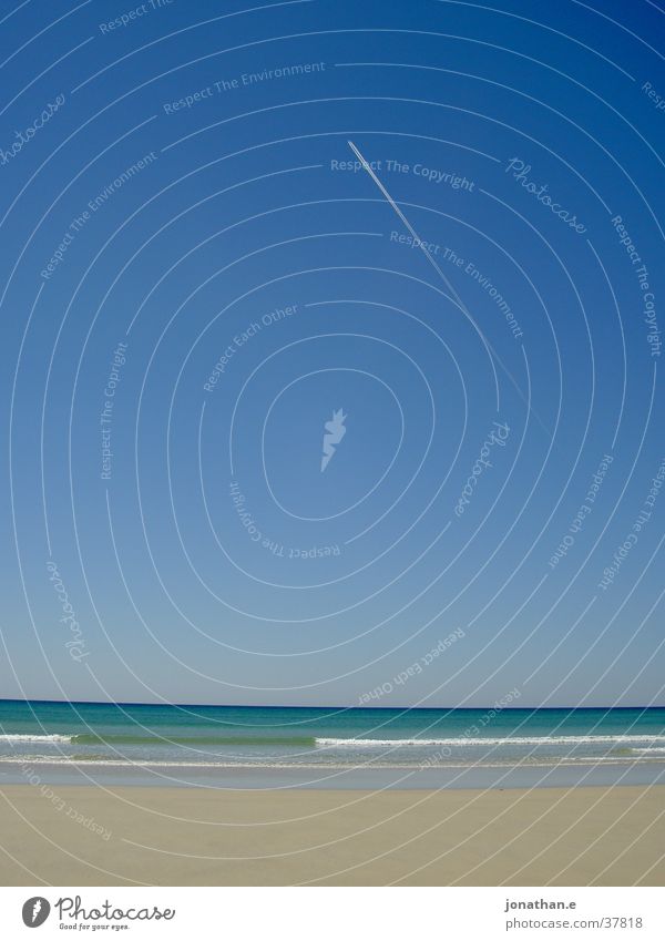sky trail Strand Meer Atlantik Horizont Flugzeug Streifen Spuren Kondensstreifen Wellen Frankreich Wasser Sand Himmel Klarheit Schönes Wetter