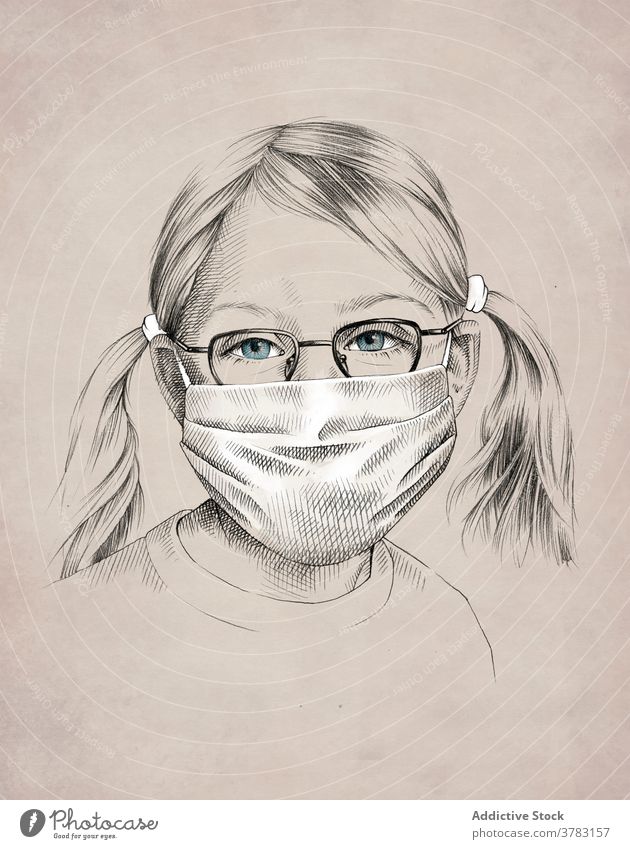 Nettes kleines Mädchen in medizinischer Maske Mundschutz behüten Coronavirus Kind bezaubernd wenig verhindern Seuche Zeichnung Bild Bleistift