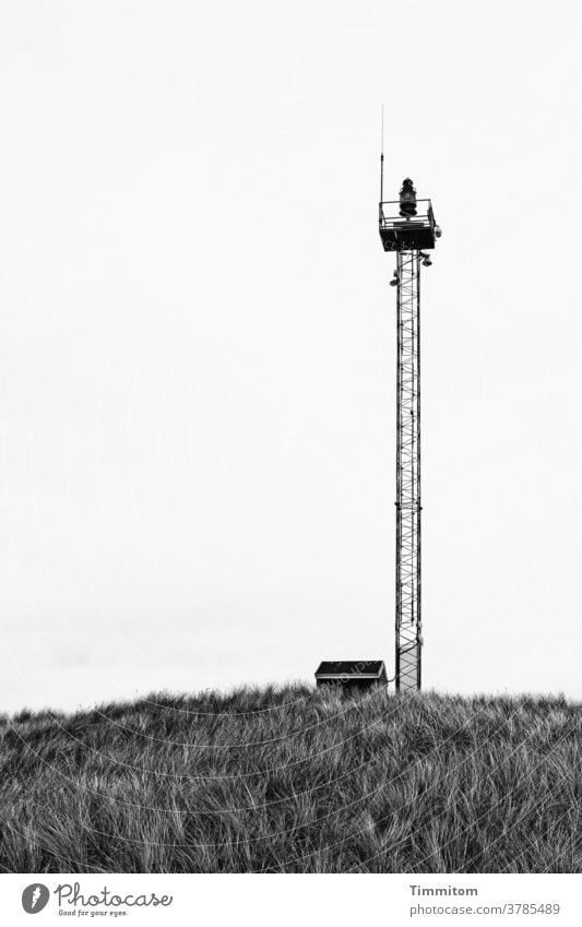 Überragend Düne Dünengras Hütte Mast hoch Antenne Messstaion Dänemark Nordsee Menschenleer Himmel bedeckt Schwarzweißfoto Ferien & Urlaub & Reisen Wind