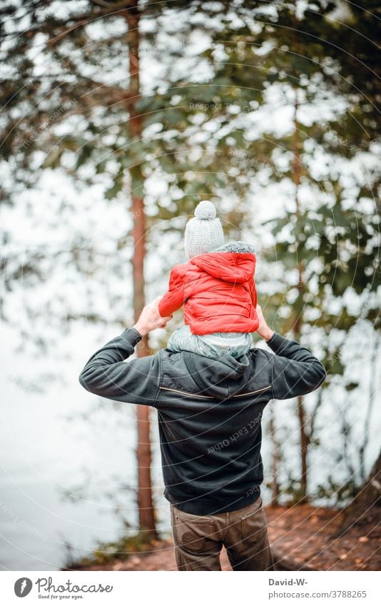 Vater zeigt Kind die Welt Papa Liebe Sohn Schultern tragen niedlich zeigen Eltern Zusammensein gemeinsam Leben herbst herbstlich Wald wandern