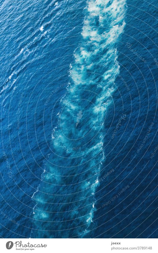 Spur eines Schiffs im Meerwasser Luftaufnahme Wasser Gischt blau Vogelperspektive weiß Außenaufnahme Menschenleer Wellen Tag Farbfoto oben diagonal Kielwasser