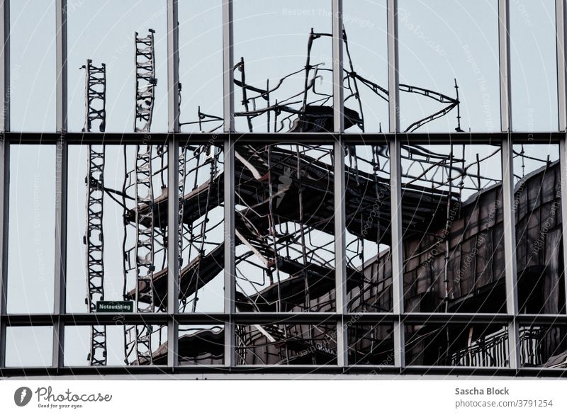 Notausgang - Leitern auf dem Dach in der Fassade gespiegelt - Geometrische Formen innerhalb der Geometrie eines Fensters architektur Architekturfotografie