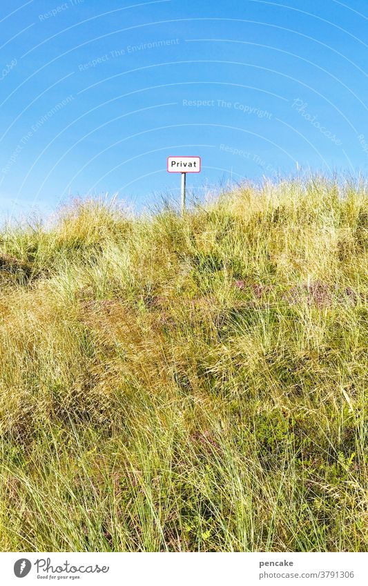 privatsphäre | lebensnotwenig Düne Hügel schild Privatspähre Abstand stoppen Durchgangsverbot Grundstück Nordsee Dünengras Himmel blau Natur Landschaft Sommer