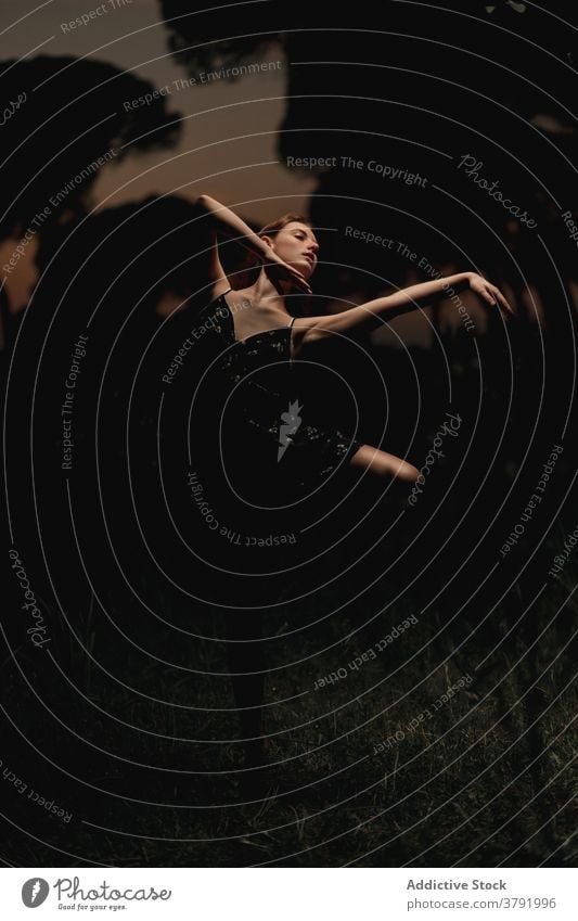 Anmutige Frau tanzt im dunklen Park Balletttänzer Ballerina Tänzer dunkel Wiese Choreographie beweglich Talent Island Kleid Natur elegant Gleichgewicht Künstler