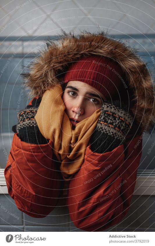 Aufrichtige verträumte ethnische Frau in stilvoller Kapuze mit Fell stylisch Oberbekleidung Vorschein herzlich angenehm Porträt trendy gestrickt Hut Schal
