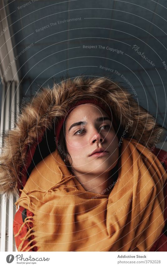Aufrichtige verträumte ethnische Frau in stilvoller Kapuze mit Fell stylisch Oberbekleidung Vorschein herzlich angenehm Porträt trendy gestrickt Hut Schal
