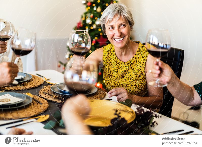 Fröhliche Familienmitglieder stoßen bei der Weihnachtsfeier mit Weingläsern an Freund Weihnachten jubelt Klirren Zuprosten Freude Lächeln feiern Vorabend