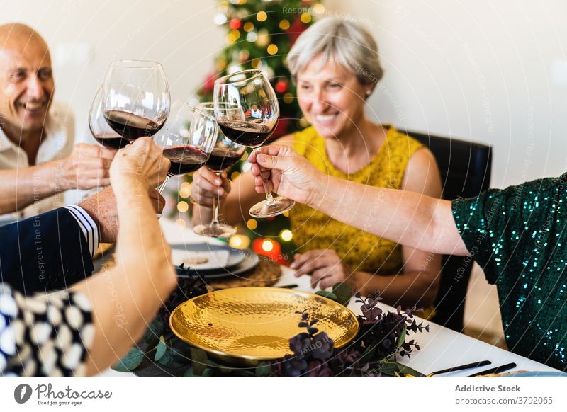 Fröhliche Familienmitglieder stoßen bei der Weihnachtsfeier mit Weingläsern an Freund Weihnachten jubelt Klirren Zuprosten Freude Lächeln feiern Vorabend