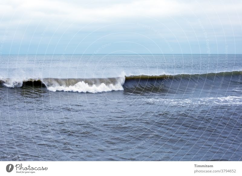 Nordsee, Himmel und Welle Wellengang Wasser Meer Dänemark Menschenleer Außenaufnahme Farbfoto Urelemente Wolken sanft Gischt blau weiß Horizont