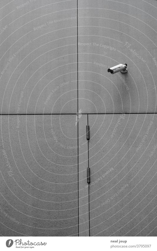 Überwachungskamera an grauer Außenwand Videokamera Kamera Außenaufnahme Sicherheit beobachten Überwachungsstaat Angst Wachsamkeit Wand Kontrolle