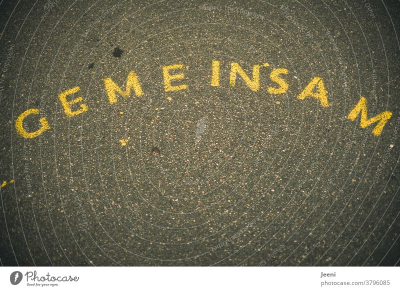 Ein Weg mit Straßenmalerei mit dem Wort "GEMEINSAM" gemeinsam Kreide Kreativität Straßenkunst Buchstaben Text zusammen Zusammenhalt corona Gemeinschaft