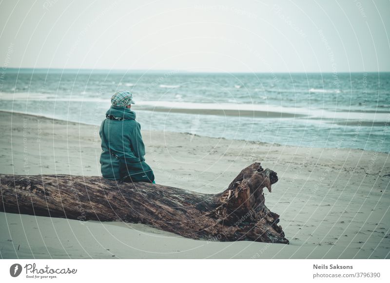 Frau sitzt auf einem Baumstamm am Strand und beobachtet die Wellen Person Sitzen schön Lifestyle sich[Akk] entspannen Erwachsener Hut Mantel blau Kofferraum