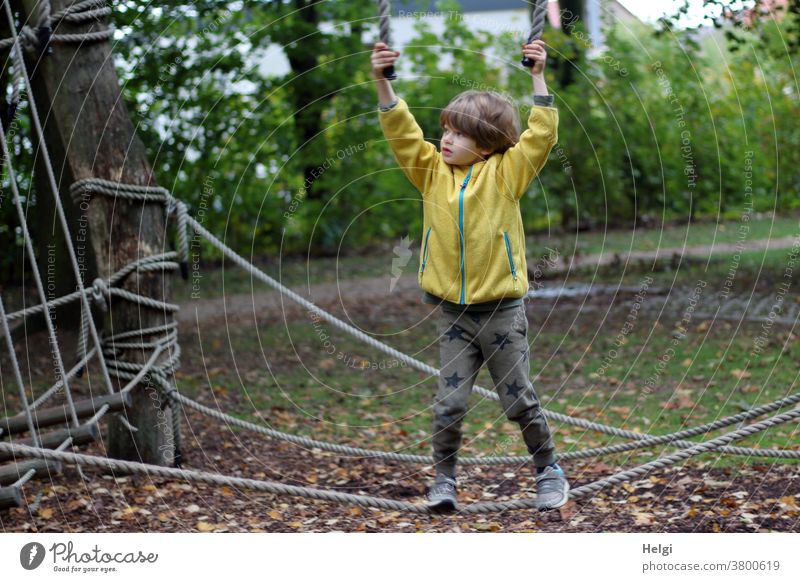 Junge balanciert auf einem Seil an einem Spielgerät im Park Mensch Kind balancieren festhalten Herbst Baum Gras Blätter Laub Herbstlaub Natur herbstlich
