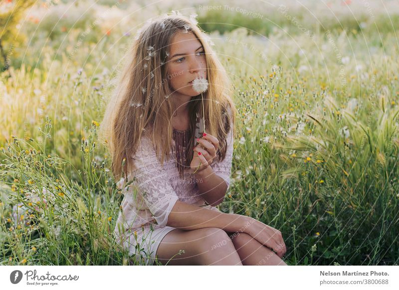 Porträt einer niedlichen, kaukasischen Frau, die auf dem Gras sitzt und einen Löwenzahn bläst. kreativ nachdenklich blond Feld Blumen Natur Sommer Frühling