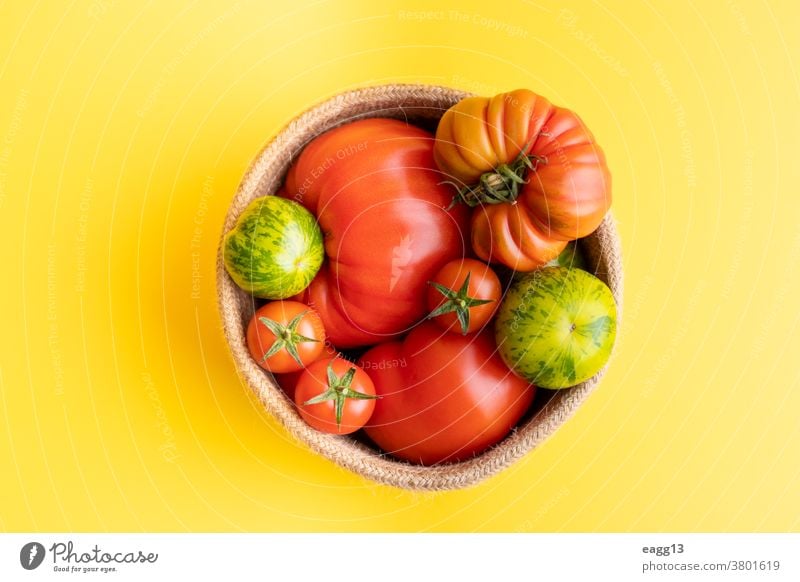 Korb mit einer Vielzahl von Tomaten, darunter Kirsche, Heirloom und Zebra auf gelbem Hintergrund Überfluss Körbe bunt lecker anders Landwirtschaft Lebensmittel