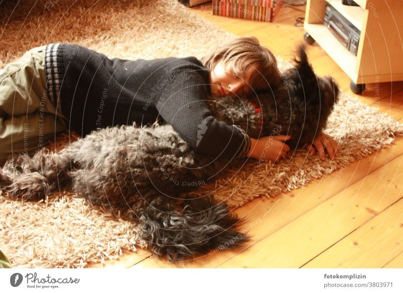 Junge liegt mit einem Hund auf einem Teppich Haustier Zärtlichkeit kuscheln Kindheit nähe Bindung Freundschaft Hundeliebe Mensch und Tier gemeinsam erleben