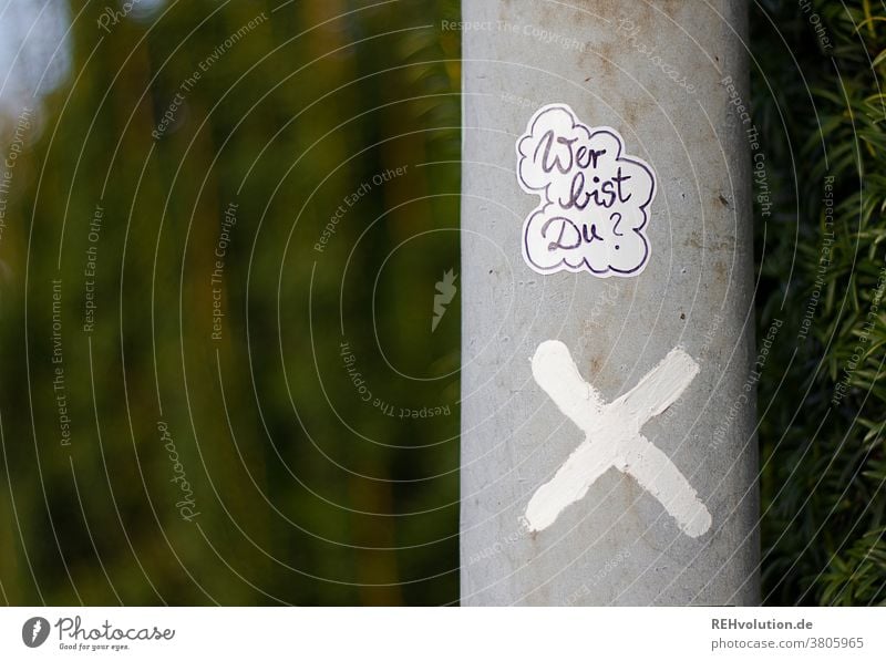 Sticker  - Wer bist Du Identität Aufkleber streetart Laternenpfahl Kreuz x grün Natur Individualität Frage worte Text kleben hinterfragen Zweifel kritisch