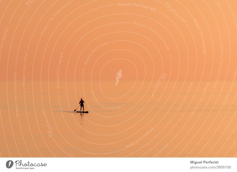 Silhouette einer einsamen Person, die bei Sonnenuntergang an einem einsamen Strand Paddel-Surfen übt. Brandung Ufer orange Herbst Horizont Sport Rudern