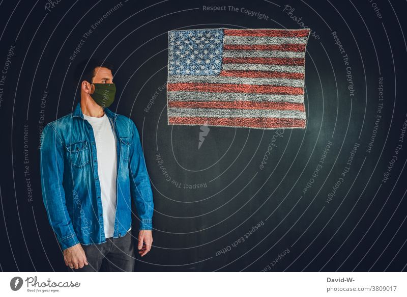 Amerika und Corona USA coronavirus Atemschutzmaske Mann Ansteckung Infektion Schutz Flagge Amerikaner Angst