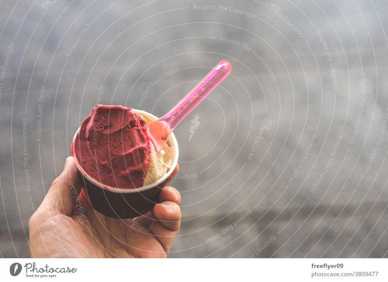 eine Eiscremewanne in der Hand halten Speiseeis Kübel Kunstgewerbler Beteiligung Lebensmittel Löffel Textfreiraum Himbeeren Blaubeeren Sahne Vanille Snack