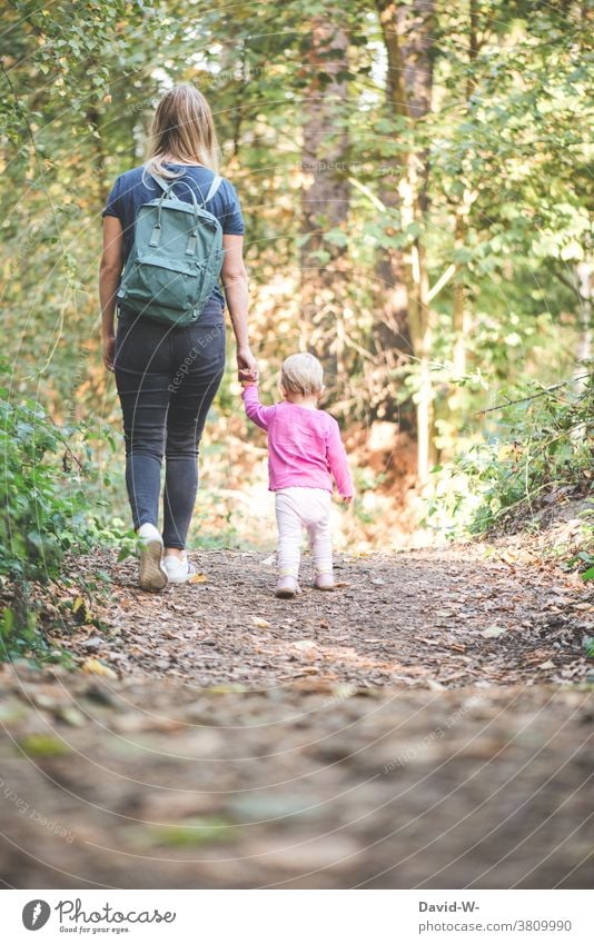 Mutter und Kind machen einen Herbstspaziergang Mutter mit Kind herbstspaziergang zusammen Fürsorge Wald Hand festhalten spaziergen gehen Mama Tochter Kleinkind
