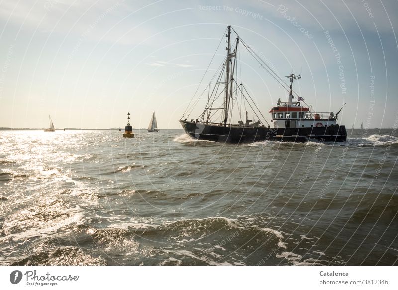 Ein Fischerkutter, die Gefahrentonne, Segelyachten auf dem Wattenmeer sind zu sehen Nordsee Meer Kutter Fanggebiete Wasser Himmel Fischerei segeln Horizont