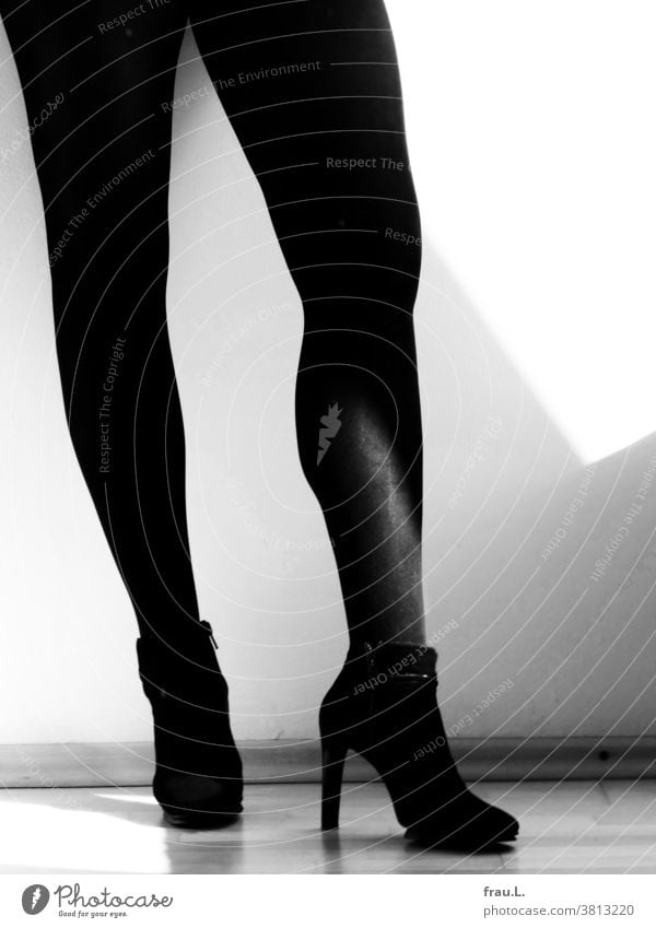 Beine balancieren auf mörderischen High Heels. Frau Stiefeletten Strumpfhose Füße Frauenbeine