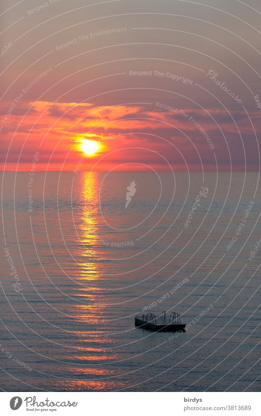verwaistes Badefloß bei Sonnenuntergang im Meer, Badestelle Sonnenaufgang Horizont Floß Plattform schwimmend rot Reflexion & Spiegelung Gegenlicht Ruhe