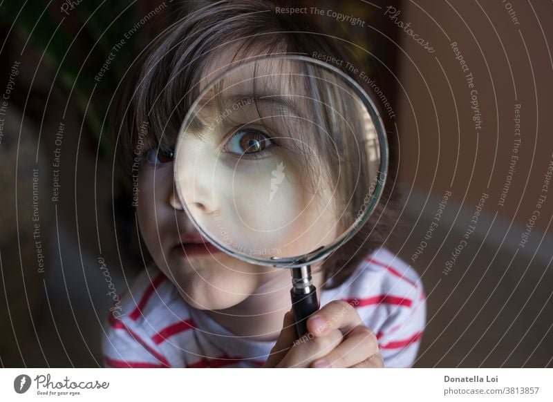 Kind mit Lupe Kindheit Nahaufnahme Neugier neugierig Detektiv Fundstück Bildung Gerät Experiment Auge Augenlicht Gesicht Instrument Lernen Linse Aussehen Blick