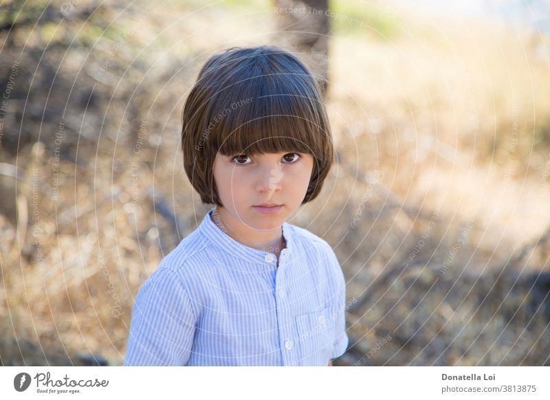 Einsamer kleiner Junge im Wald 4 Jahre allein Herbst schön Unschärfe verschwommen Bokeh braunes Auge braune Haare Kaukasier Kind Kindheit Differential-Fokus