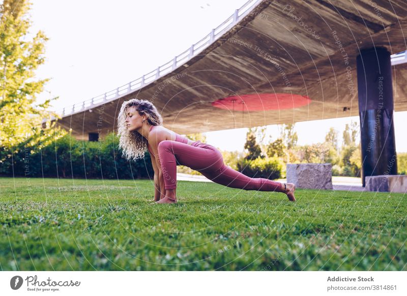 Fokussierte Frau übt Yoga im Park Asana beweglich Pose üben Gleichgewicht positionieren schlank Wellness Harmonie Wohlbefinden Aktivität Konzentration Vitalität