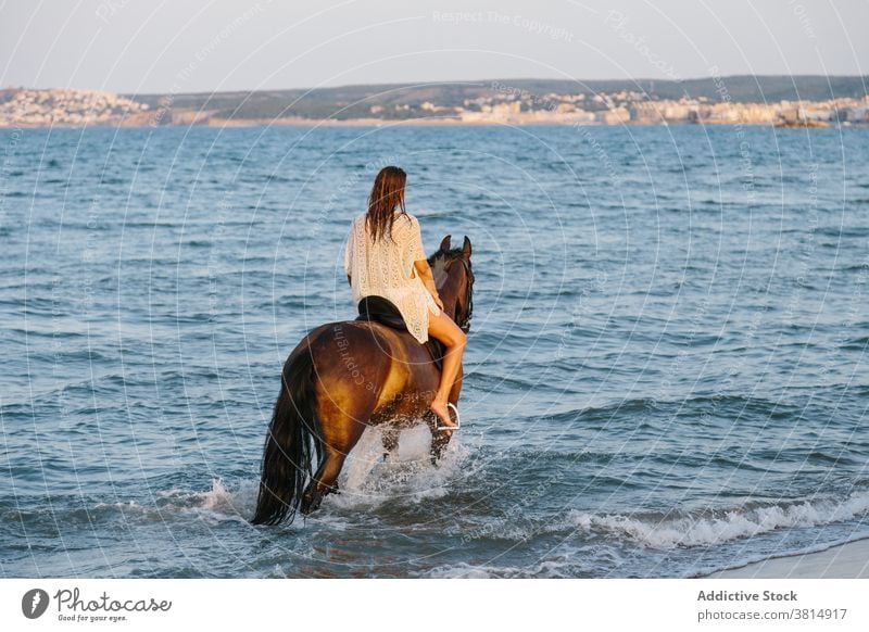 Schöne Frau im weißen Kleid reitet ein Pferd entlang der Küste bei Sonnenuntergang MEER Strand Reiten Pferderücken Sommer pferdeähnlich Liebe cool Reiterin