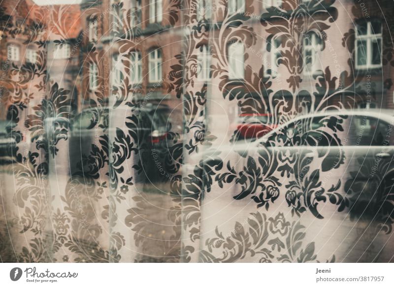 Spiegelung des Straßenverkehrs in einem großen Fenster Stadt Autos Fensterfront Gardine Ornament Ornamente Reflexion Gebäude Haus Backstein Altstadt