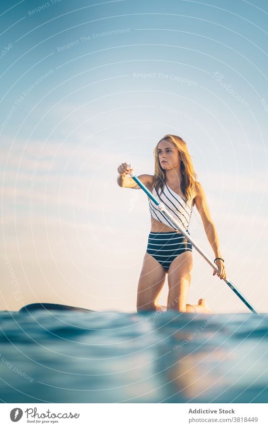 Frauen rudern auf Paddleboard im Meer Paddelbrett Reihe SUP Holzplatte MEER Sonnenuntergang Badeanzug Urlaub Sommer sich[Akk] entspannen Wasser Feiertag