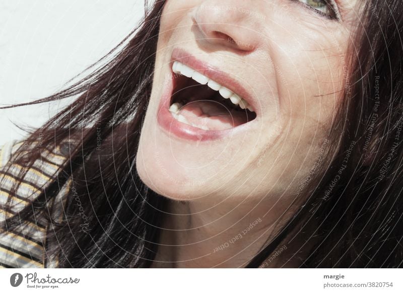 Das Gesicht einer Frau mit lachenden Mund Junge Frau feminin Mensch Außenaufnahme Erwachsene dunkelhaarig Wange face zufrieden genießen Licht Kopf Tag Farbfoto