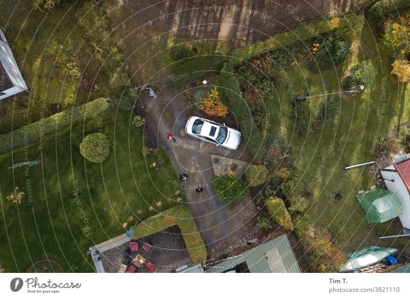 ein Auto steht in einer Gartenlandschaft Brandenburg Mercedes DJI Drohne Natur Außenaufnahme Farbfoto Tag Menschenleer Landschaft Umwelt Baum Wald Pflanze Wiese