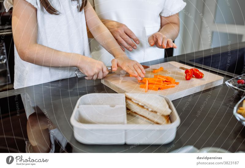 Unerkennbare Mutter bringt ihrer Tochter bei, Gemüse für Lunchbox zu schneiden unkenntlich Schneiden von Lebensmitteln lehren mit Bedacht Messer Lunch-Box