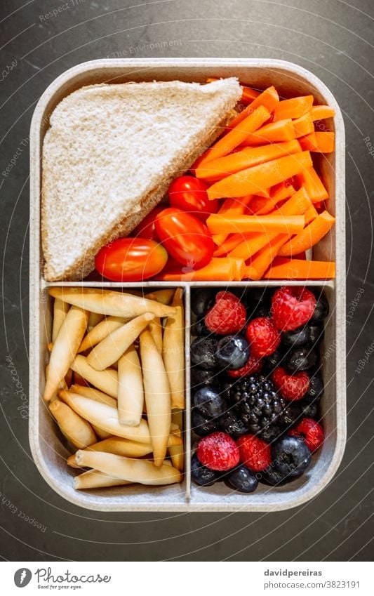 Draufsicht auf die Lunchbox mit gesundem Essen Lunch-Box gesunde Ernährung Gesundheit Lebensmittel Vegetarier Mitnahme Arbeit Schule Snack Kasten Belegtes Brot