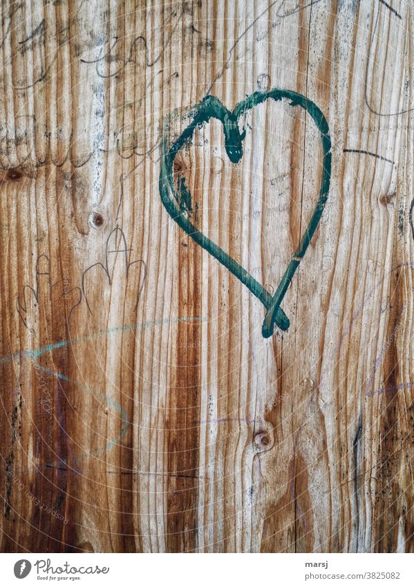 Zwei kleine Penisse und ein grünes Herz auf Holz gemalt Maserung stilisiert Detailaufnahme Liebe Romantik herzförmig Gefühle Verliebtheit Liebesbekundung