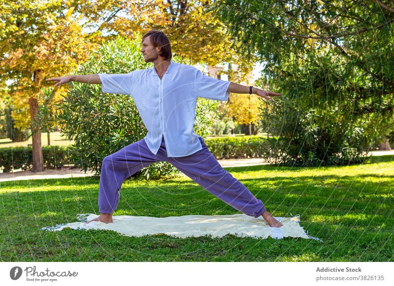 Mann macht Yoga in Krieger-Pose im Park Yogi Asana üben virabhadrasana ruhig Natur männlich üppig (Wuchs) Garten Gelassenheit Sommer Konzentration Zen