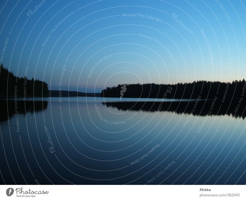 Nachtaufnahme eines windstillen Sees in Finnland Abenteuer Ferne Natur Landschaft Wasser Wolkenloser Himmel Küste atmen Denken genießen Unendlichkeit Stimmung