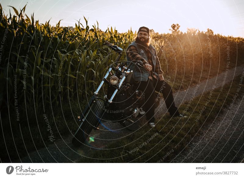 junger Mann mit Bart auf Motorrad vor Maisfeld bei Sonnenuntergang jugendlich sonnenuntergang Draussen trendy Hipster bart motorrad harley maisfeld Coolness