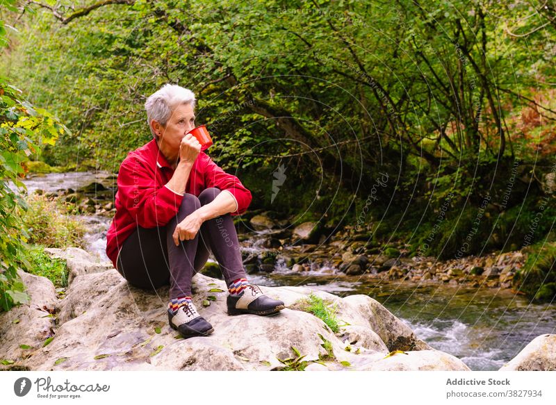 Älterer Reisender trinkt Wasser auf einem Stein in der Nähe eines seichten Flusses trinken Natur Fernweh reisen ruhen Frau Ausflug Durst sich[Akk] entspannen
