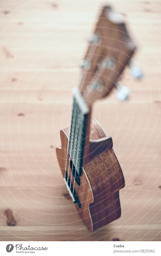 Eine braune Sopran-Ukulele auf Holzgrund hölzern akustisch Instrument vertikal Objekt Musical hawaiianisch Gitarre Schnur Hintergrund Musik Rosette Kunst