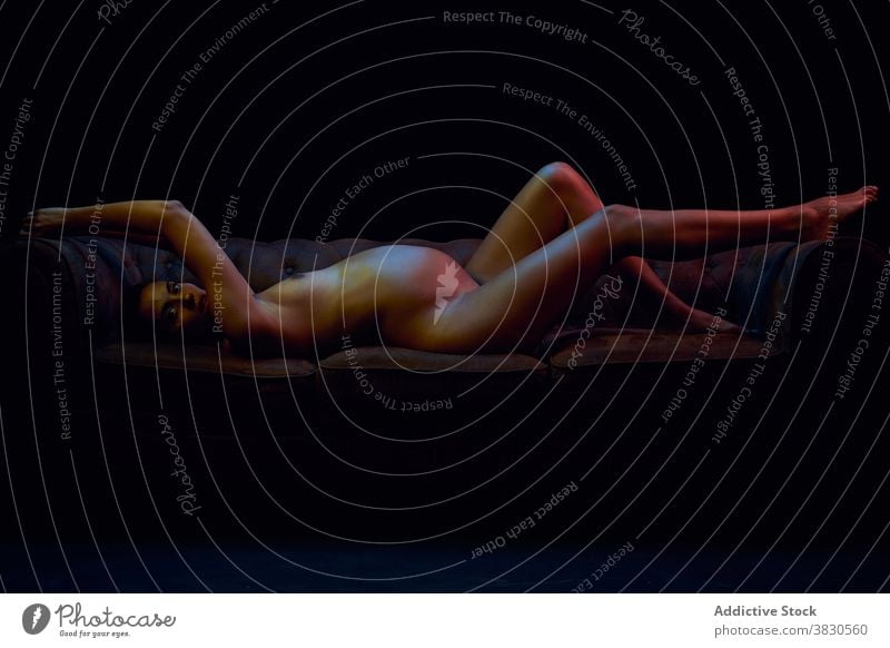 Sinnliche schwangere Frau auf dem Sofa liegend in der Dunkelheit Bauch erotisch Mutterschaft vorwegnehmen erwarten heiß sexy nackt Elternschaft fruchtbar Geburt