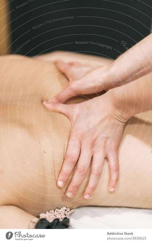 Crop-Therapeut massiert Rücken des Kunden Rehabilitation Massage Therapie geduldig Physiotherapeutin Physiotherapie Sitzung Klinik Leckerbissen Pflege