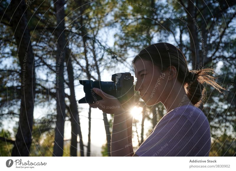 Junge Frau nimmt Fotos von der Natur im Wald fotografieren Fotoapparat Fotograf professionell schießen einfangen Hobby Fotografie jung Gerät Apparatur reisen