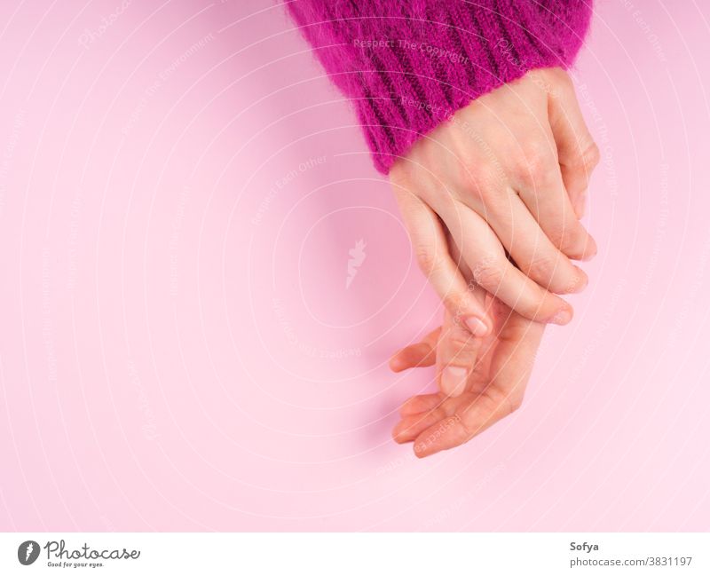 Frauenhände in magentafarbenem Pullover auf rosa Hände Pflege Handfläche Haut greifbar Hintergrund flache Verlegung oben taktil kuscheln caresse berühren Winter